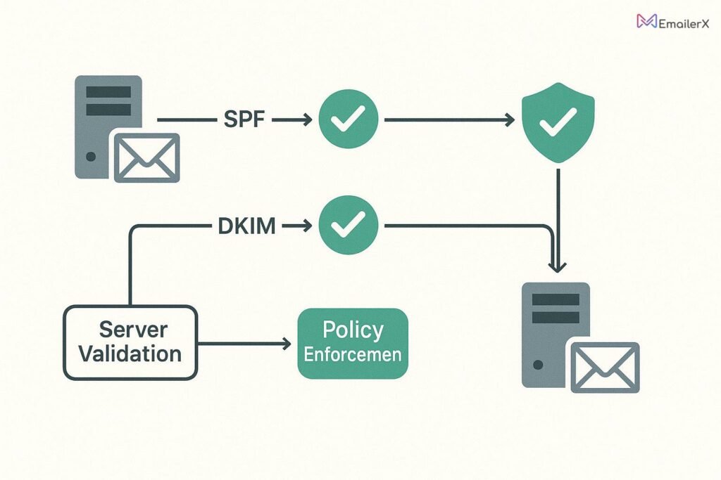 Technical flowchart showing SPF, DKIM, and DMARC authentication